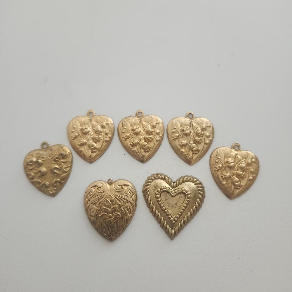 Vintage Brass Open Back Heart Charm Lot Floral Stamped Pendant Jewelry Supply